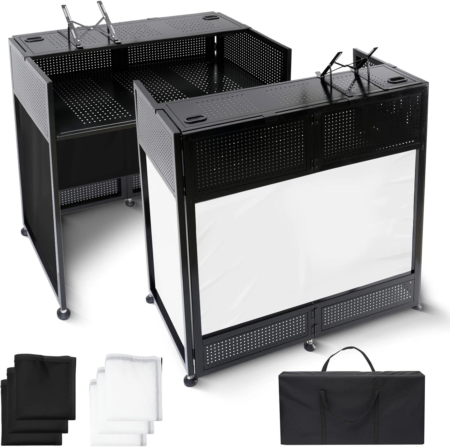 Portable DJ Booth Table, 41'L x 20'W DJ Table Stand Portable Booth Double Deck, Adjustable DJ Facade Station with White & Black Scrim, Foldable Metal Frame DJ Booth Panel for Parties, Wedding, Bars