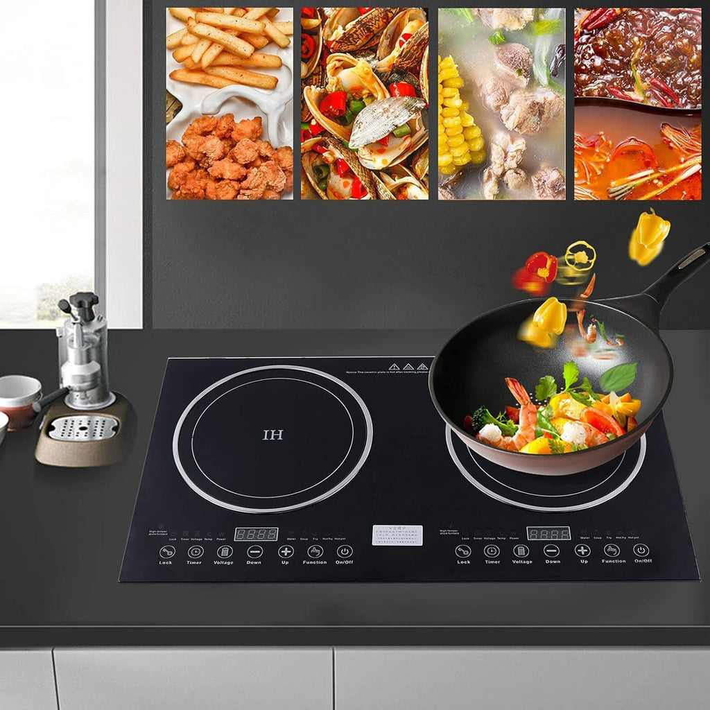 110V 2600W Double Electric Cooktop,1200W Induction Cooktop + 1400W Ceramic Stove, 8 Gear Power Levels, Child Lock, Timer, LED Touch Control for Kitchen Resturant