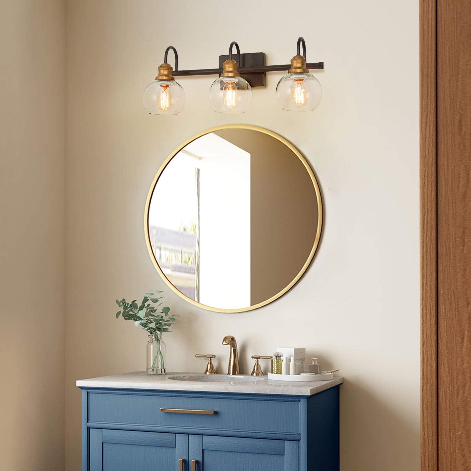 LALUZ Bathroom Light Fixtures, Vanity Lights with Oil Rubbed Bronze Finish, Antique Gold Socket, Clear Glass Shade, 22.5'' L x 7'' W x 9'' H