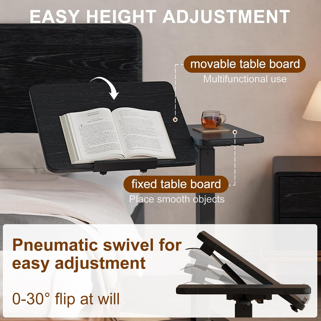 Solid Wood Overbed Bedside Table with Wheels, Tilting Adjustable Hospital Bed Table Over The Bed, Medical Mobile Laptop Stand, Rolling Standing Desk for Hospital and Home Use(Black)