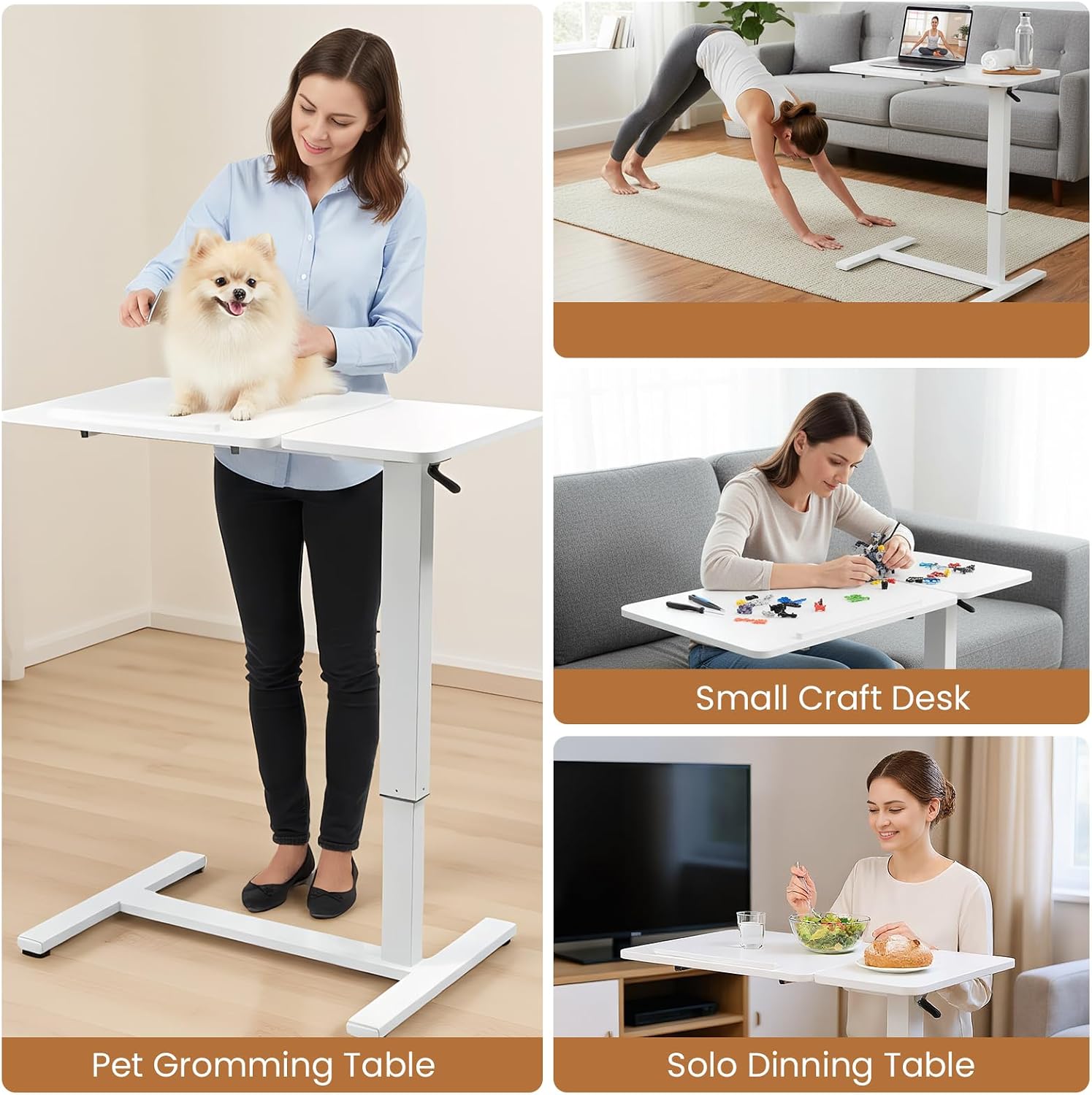 Portable Overbed Rolling Desk, Height Adjustable Mobile Standing Table, Foldable 31 Inch Small Laptop Bedside Desk with Tiltable Desktop, Hidden Wheels, Tray Table for Bed Sofa Side, White