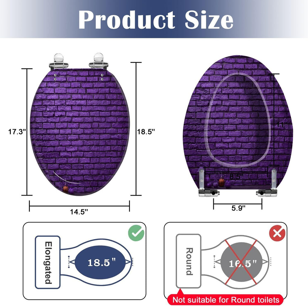 Elongated Toilet Seat Violet brick wall Halloween day Resin Toilet Seat Slow Quiet Close Lid with Quick-Release Hinges Cover Bumpers Easy to Clean Install