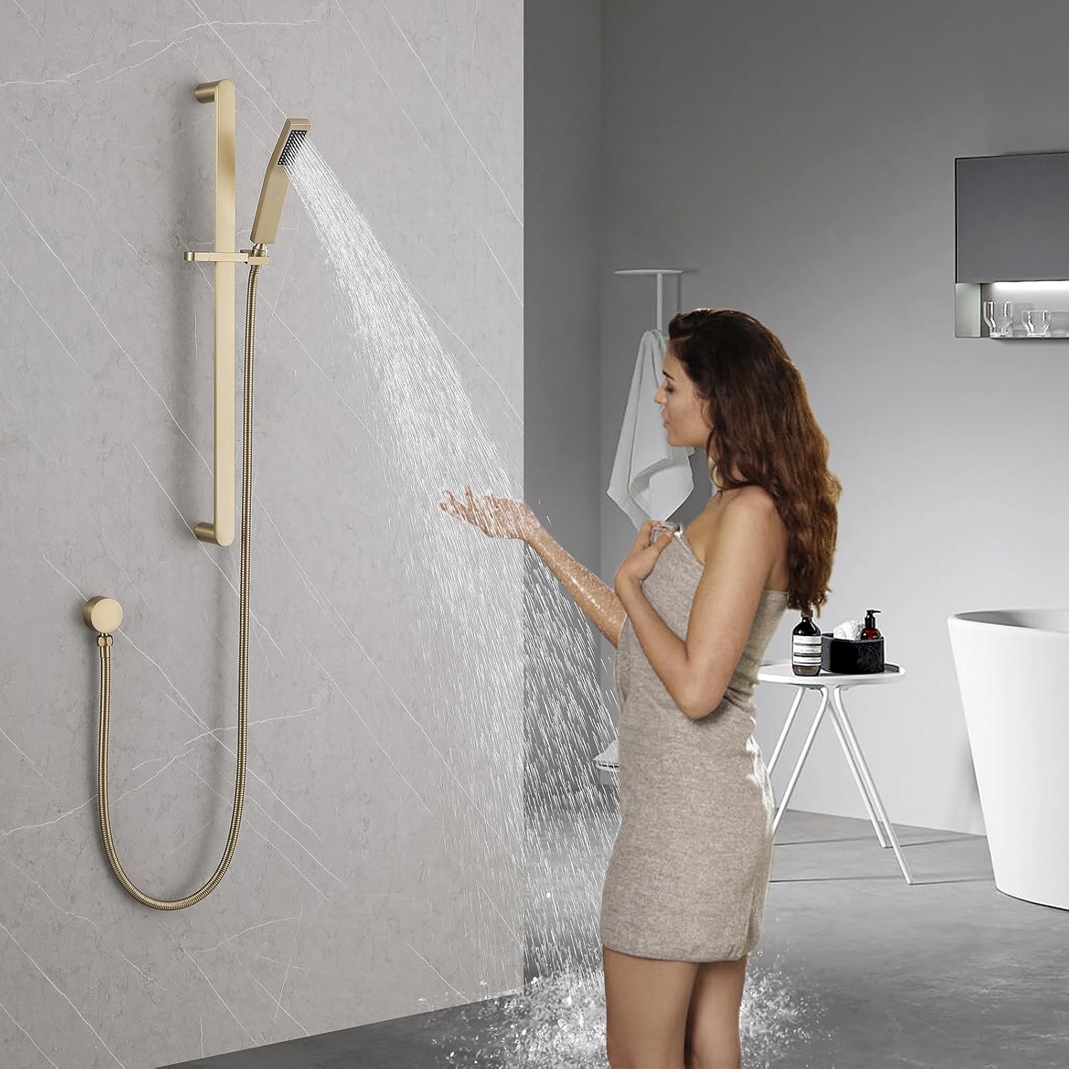 Shower Slide Bar Handheld Shower Head with Hose, Bathroom Showerhead with Handle Spray, High Pressure Shower Slide Bar Height Adjustable with 59.06 Inch Stainless Steel Hose Brushed Gold