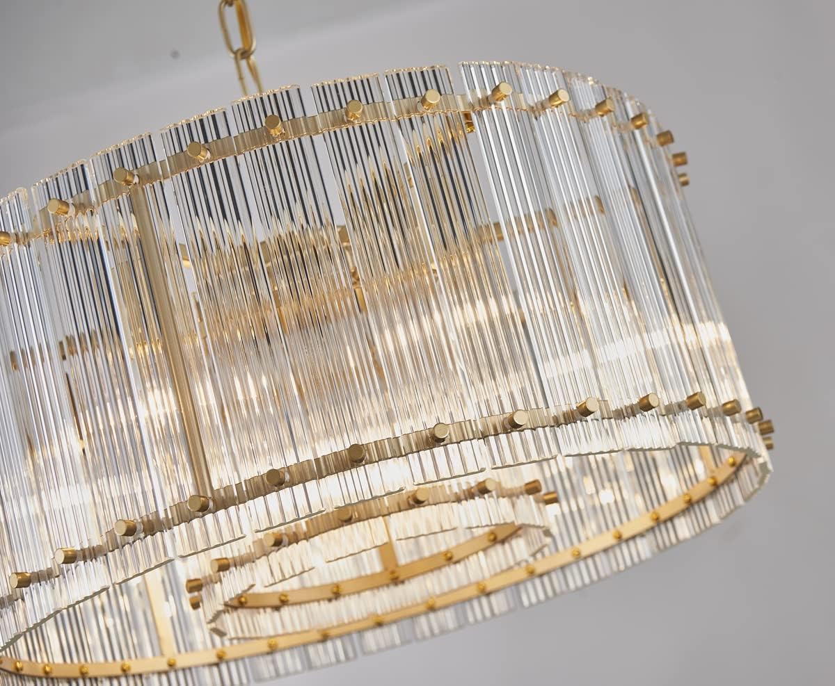 Saint Mossi Moder Glass Chandelier Light Fixture, Doule Layer Drum Pendant Modern Chandelier Lighting with 7-Light, Gold Finish