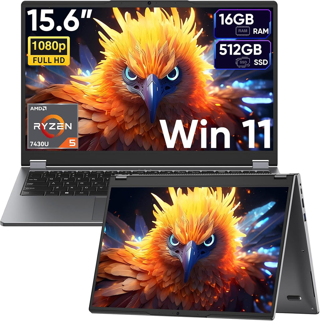 15.6' 2-in-1 Laptop/Tablet with 120Hz Incell Touchscreen,AMD Ryzen 5 7430U (6-Core up to 4.0GHz),16GB RAM 512GB SSD,360° Flip,FHD,Win 11,Backlit Keyboard for Creative Work,Business & Student