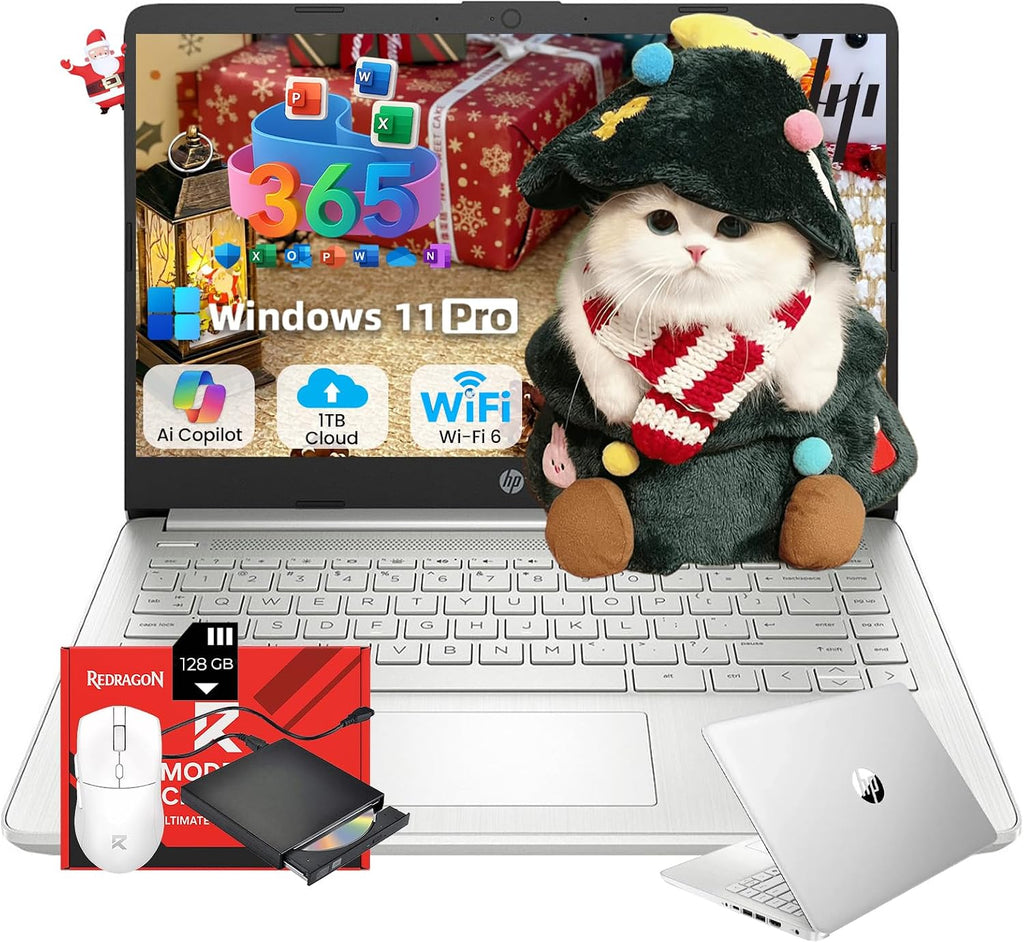 HP 14' Laptop 2025 Business Student Slim Computer, 1-Y Office 365, Copilot AI, Quad-Core Intel CPU, 16 GB RAM, 128GB UFS & 128GB SD Card, Wi-Fi 6, Windows 11 Pro, JQ2XzAccessory, Green