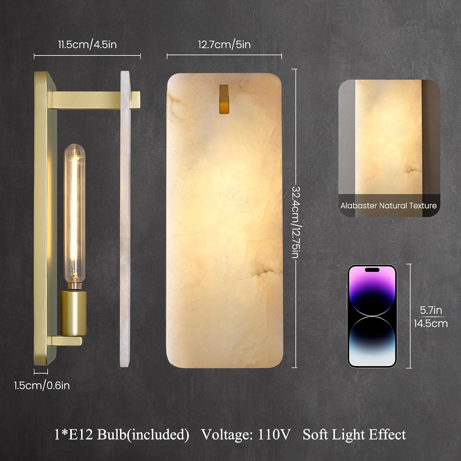 12 Inch Alabaster Wall Sconce, Natural Spanish Stone Brass Gold Wall Light, Modern Marble Sconces Dimmable E12 Hardwired Rectangular Vanity Light Fixture for Bathroom Mirror, Hallway Corridor(1 Pcs)
