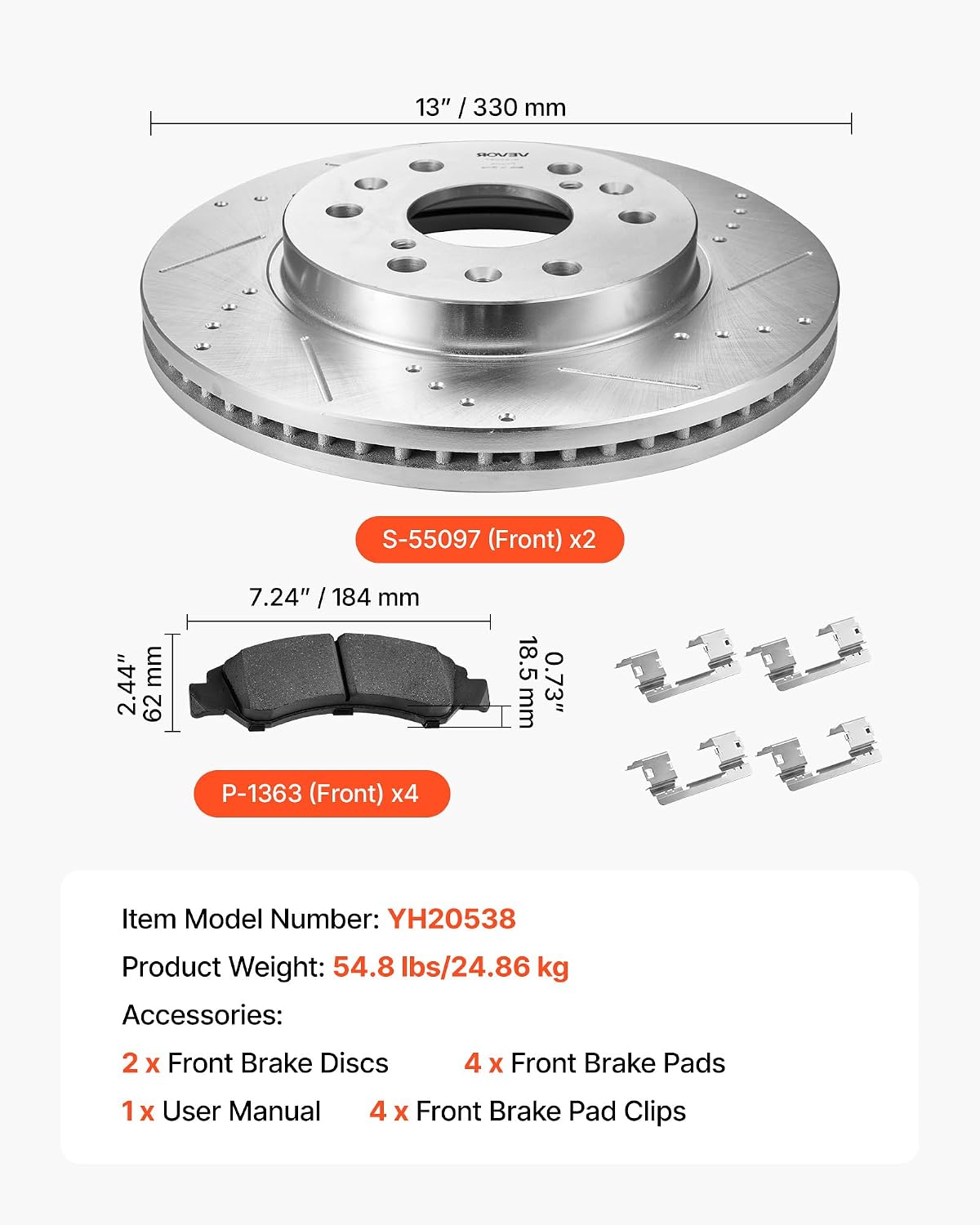 VEVOR Front Brake Kit Compatible with 2008-2016 Cadillac Escalade/Escalade ESV, 2017-2020 Cadillac Escalade/Escalade ESV (Models without Brembo Brake Package), Drilled & Slotted Brake Rotors Kit