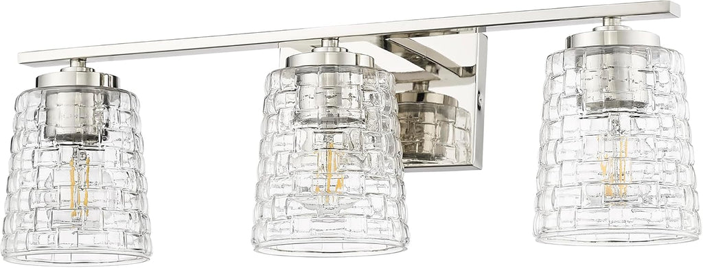 ML Lighting | Saben Collection | 22103-PN | 3 Light Vanity in Polished Nickel Finish with Clear Woven Glass Shade | Versatile Design That adds High-End Texture and Elegance to Your Bathroom