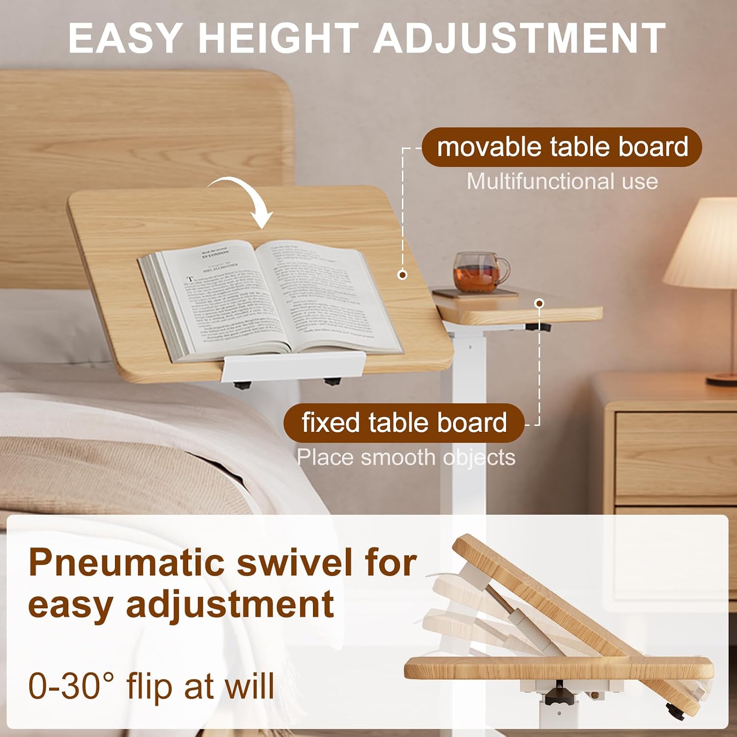 Solid Wood Overbed Bedside Table with Wheels, Tilting Adjustable Hospital Bed Table Over The Bed, Medical Mobile Laptop Stand, Rolling Standing Desk for Hospital and Home Use(Natural)