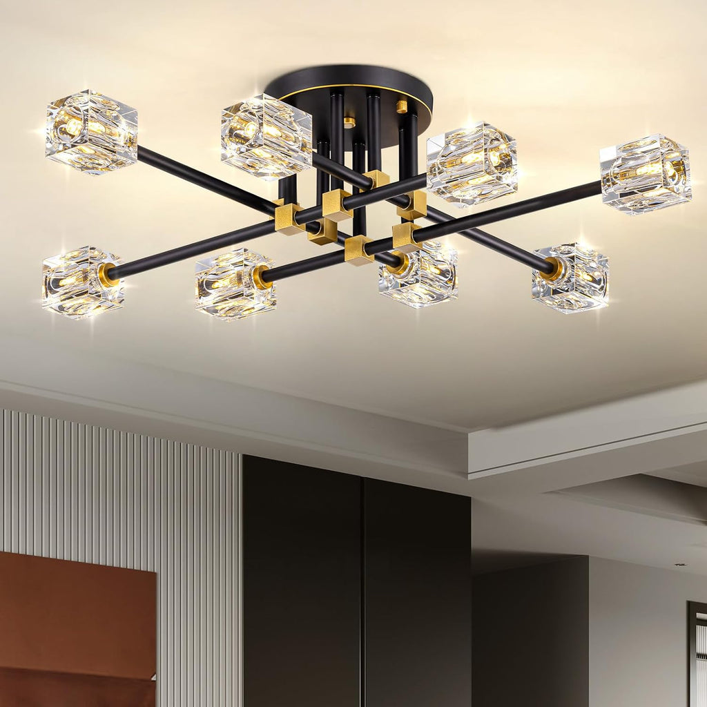 Modern Sputnik Ceiling Light Fixture with 8 Light,Black and Gold Semi Flush Mount Ceiling Light,K9 Crystal Chandeliers for Bedroom, Dining Room, Kitchen Island, Living Room