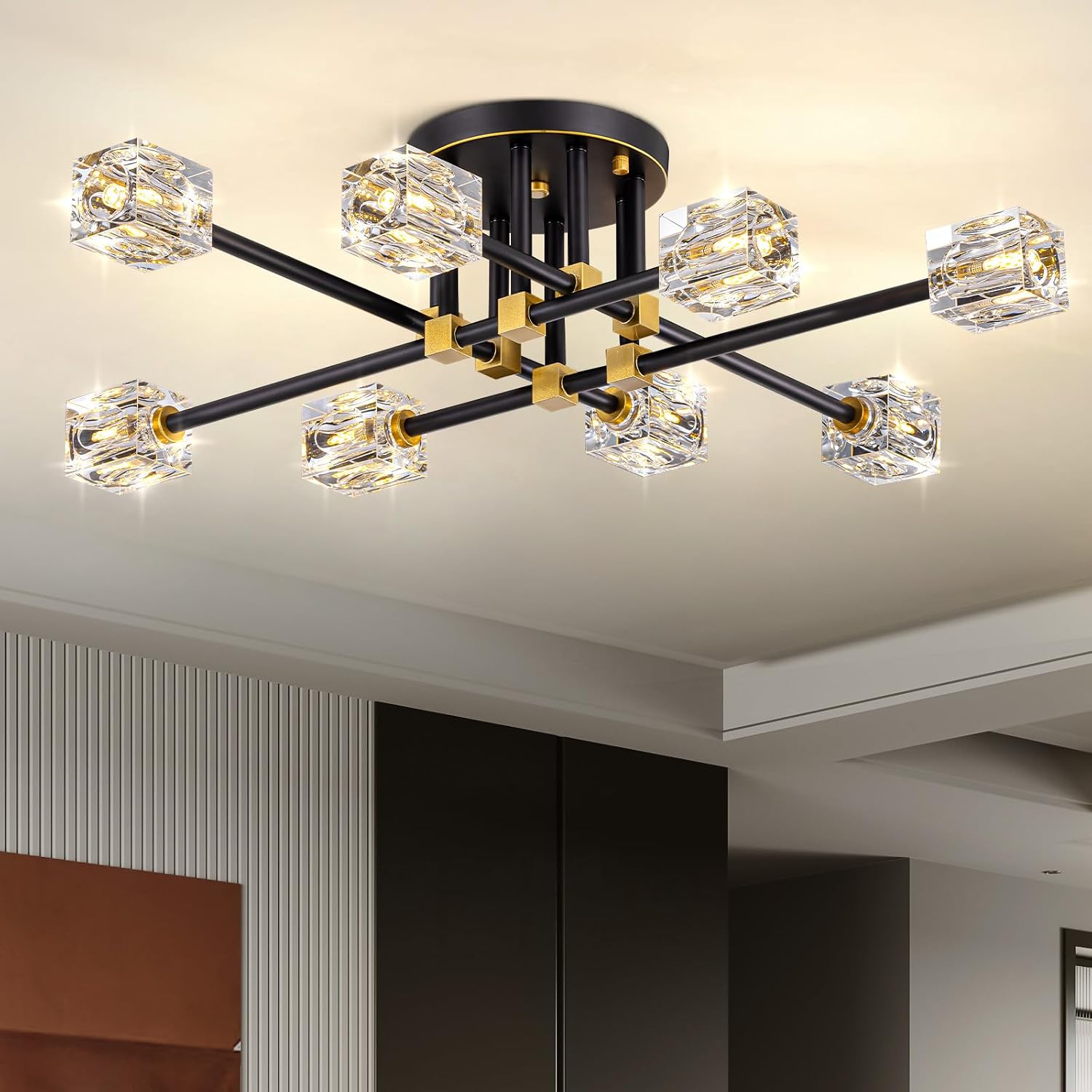 Modern Sputnik Ceiling Light Fixture with 8 Light,Black and Gold Semi Flush Mount Ceiling Light,K9 Crystal Chandeliers for Bedroom, Dining Room, Kitchen Island, Living Room