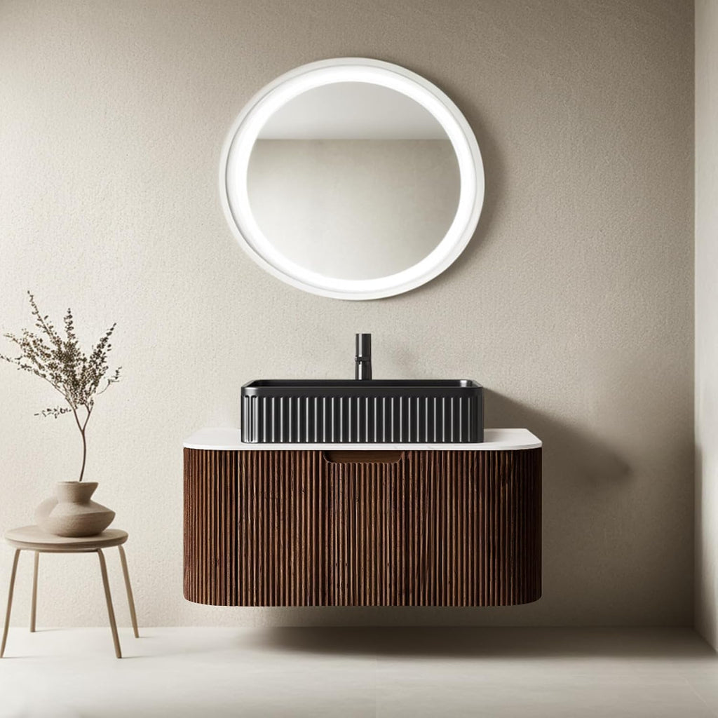 30 inch Floating Bathroom Vanity with Sink, Natural Solid Wood Modern Bathroom Vanities with Ultra-Thin Ceramic Basin and Marble Top, Soft-Close Drawer, Pre-Assembled, Walnut with Black