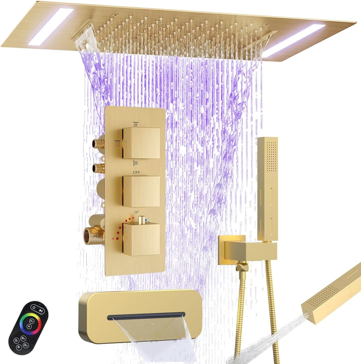 Brushed Gold Faucets Set Thermostatic Shower System, 4-Way Luxury Shower Fixture 14X20Inch LED Waterfall Rainfall Shower Head with Waterfall Tub Spout and Dual-mode Handheld