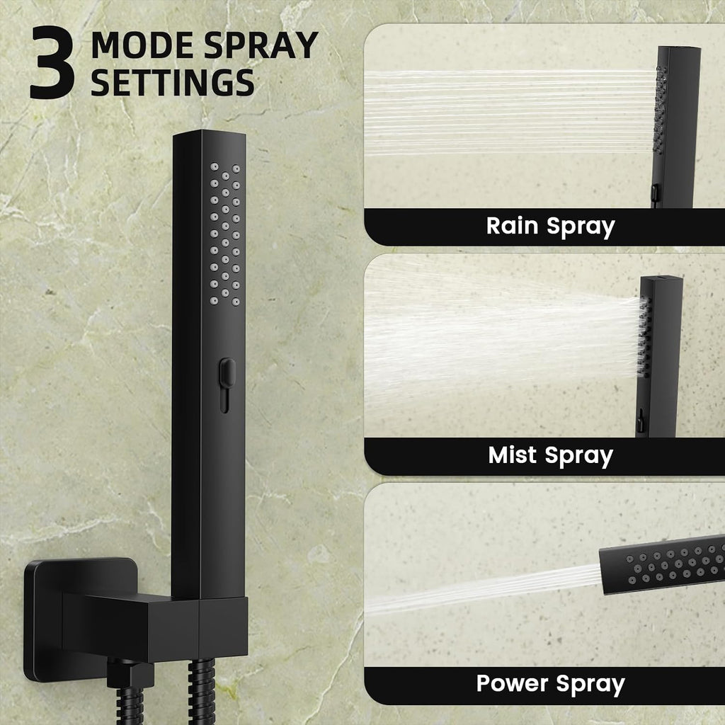 Push Button Diverter Shower Faucet Set Hydro Power Temperature Display, Shower System Ceiling Mounted 10' & Wall Mounted 6' Shower Head with 3-Spary Handheld, Matte Black