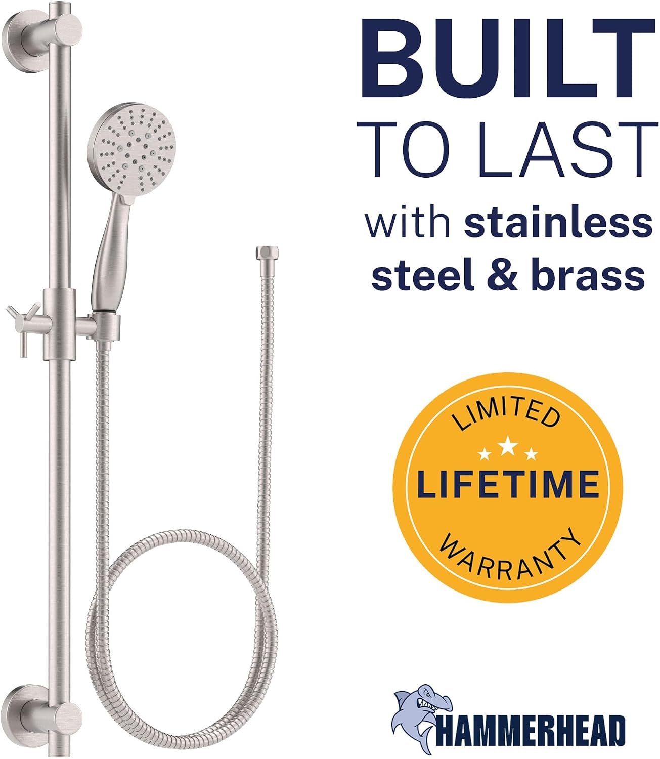 HammerHead Showers Solid Metal 27.5 Inch Shower Slide Bar with 3-Spray Handheld Shower Head with Long Hose and Holder, 1.75 GPM Low Flow Shower Head, Brushed Nickel