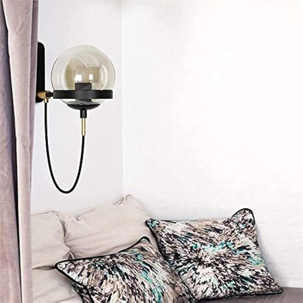 Wall Lamp PostGlass Ball Lights Fixture,E27 Retro Industrial Wrought Iron Mount Sconce Minimalist Aisle Lighting(Black)