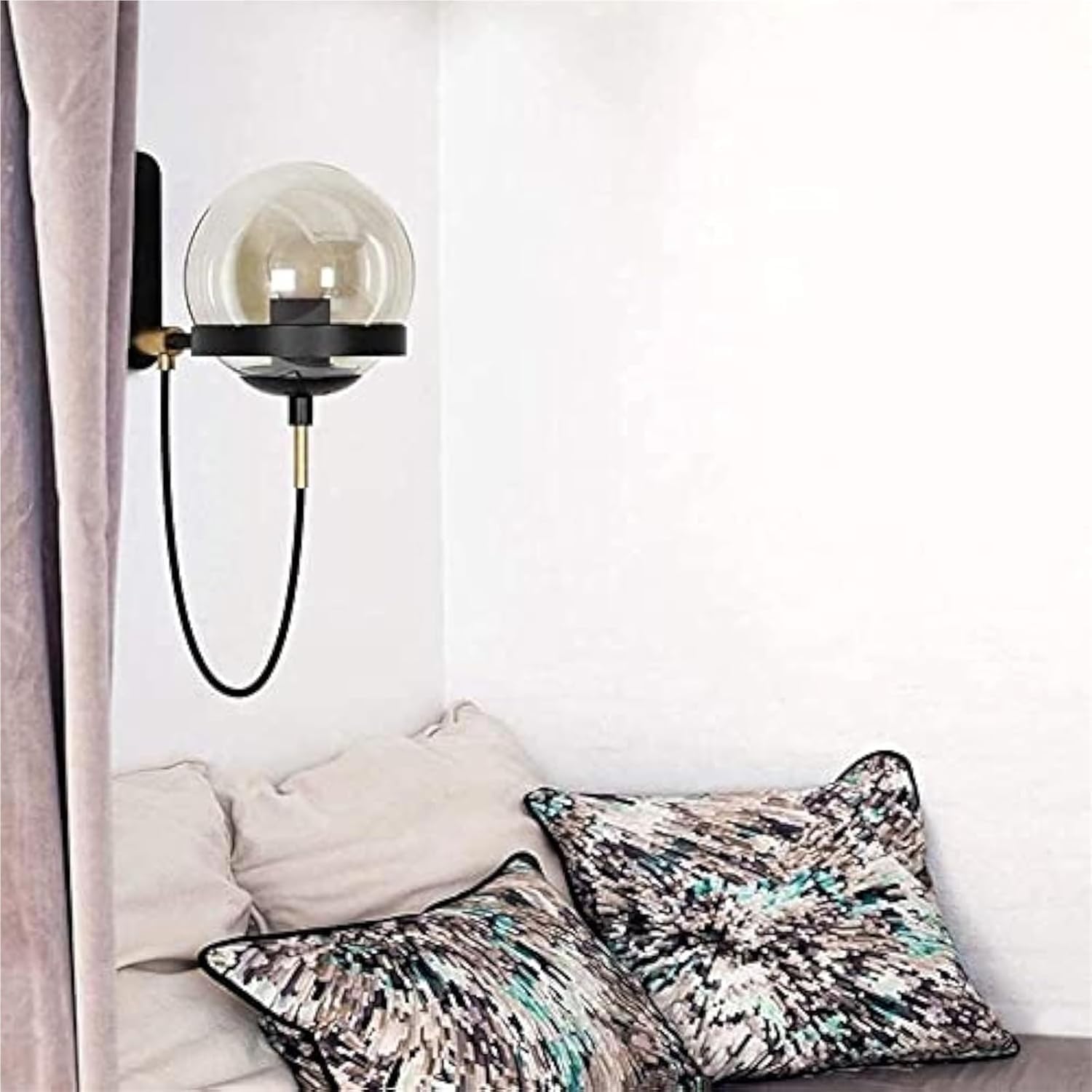 Wall Lamp PostGlass Ball Lights Fixture,E27 Retro Industrial Wrought Iron Mount Sconce Minimalist Aisle Lighting(Black)