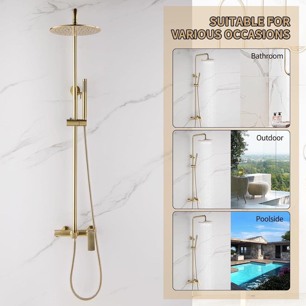Exposed Shower System with Rain Shower and Handheld Sprayer, Outdoor Shower Fixture with Tub Spout, Rainfall Showerhead Faucet Combo Set for Bathroom Height Adjustable Shower Mixer Brushed Gold