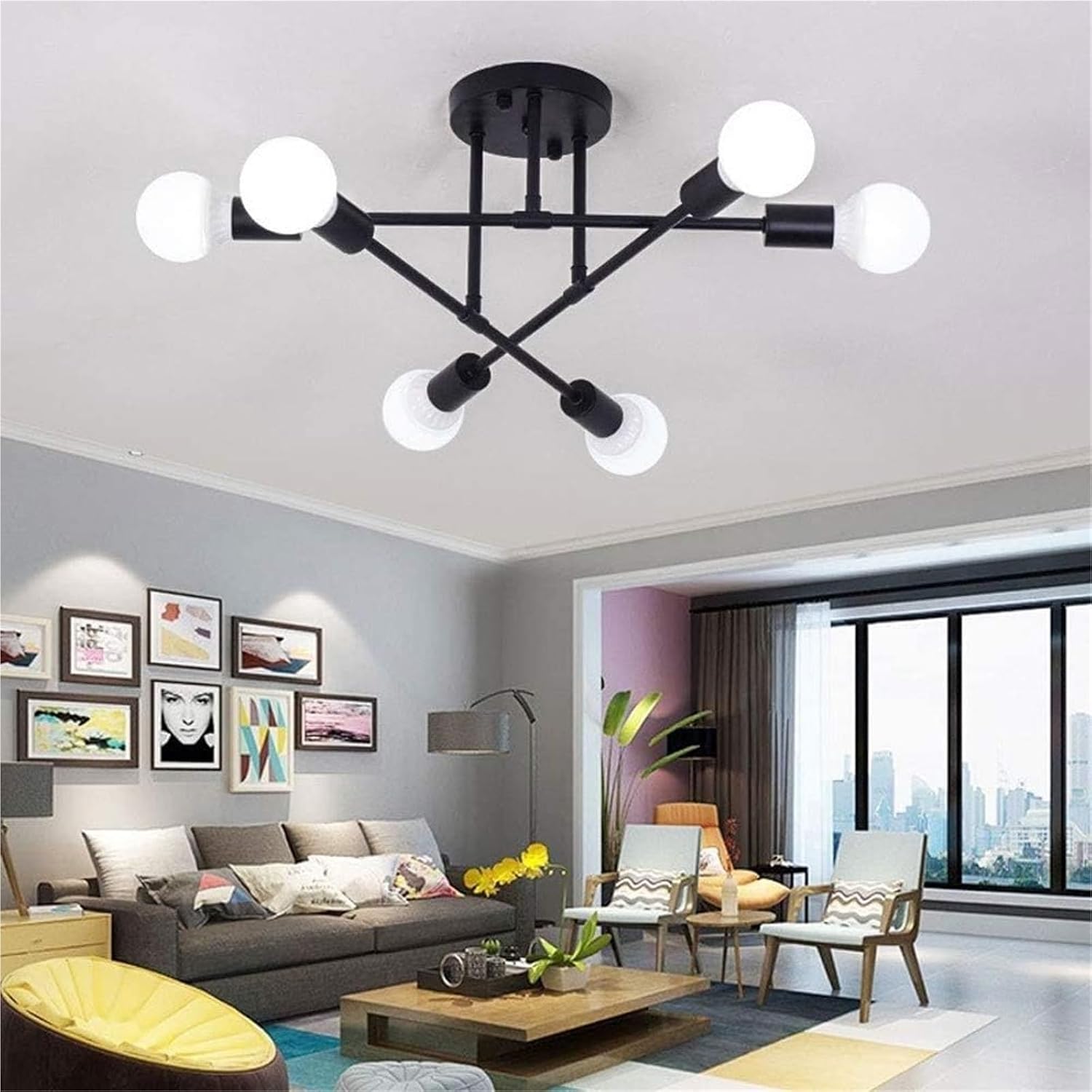 Vintage Industrial 6-Light Semi-Flush Ceiling Light, Black Wrought Iron Chandelier Close to Ceiling Lights Fixture for Dining Room, Kitchen, Living Room, Hallway, Entryway