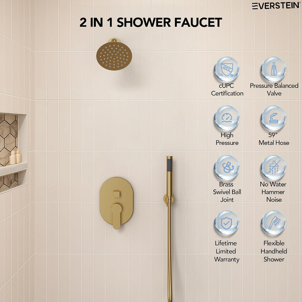 6' High-Pressure Shower System with Handheld Spray, Wall Mount Round Bathroom Shower Faucet Set with Valve (Brushed Gold)