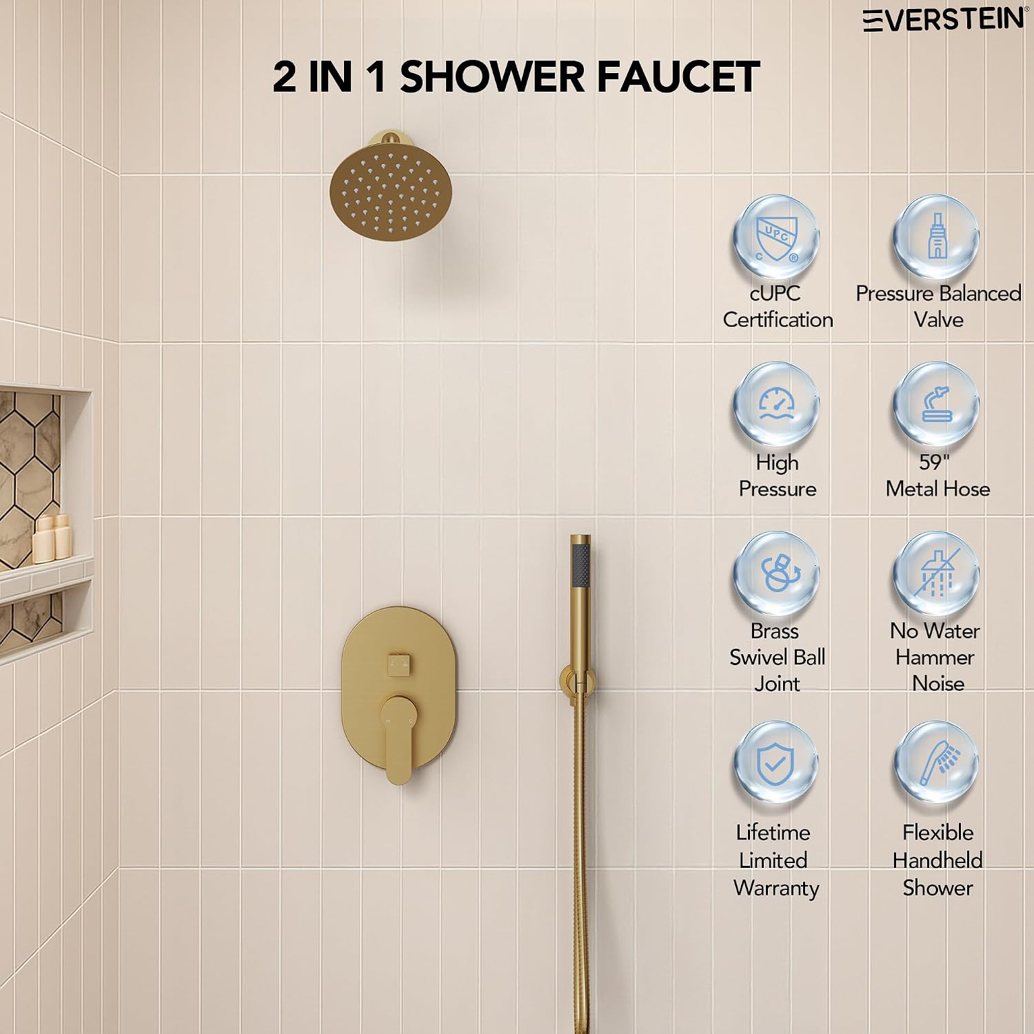 6' High-Pressure Shower System with Handheld Spray, Wall Mount Round Bathroom Shower Faucet Set with Valve (Brushed Gold)