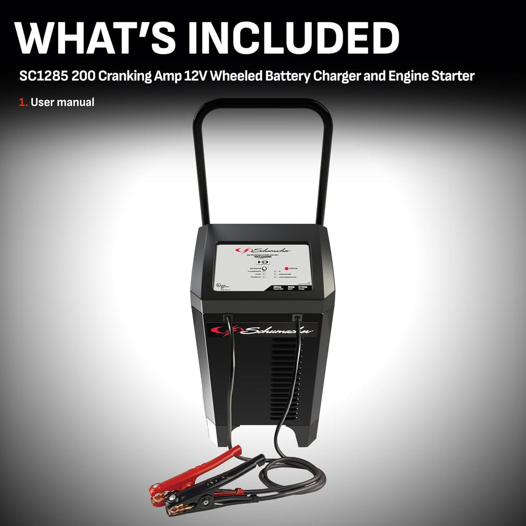 Schumacher Electric Wheeled Automatic 6A Car Battery Charger and 200A Engine Starter, 4-in-1 Solution, Maintainer, 40A Boost, for 12V Power Sport, Automotive, and Marine Batteries, SC1285