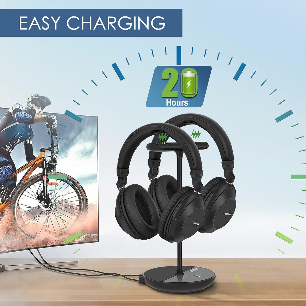SIMOLIO 737D Plus Wireless Headphones for TV Watching, By-Pass to Soundbar, Cinema & Clear Dialog Modes, Volume Boosted Dual Headphones Bluetooth for Seniors, No Delay, TV & Bluetooth Mode, 164FT/50M