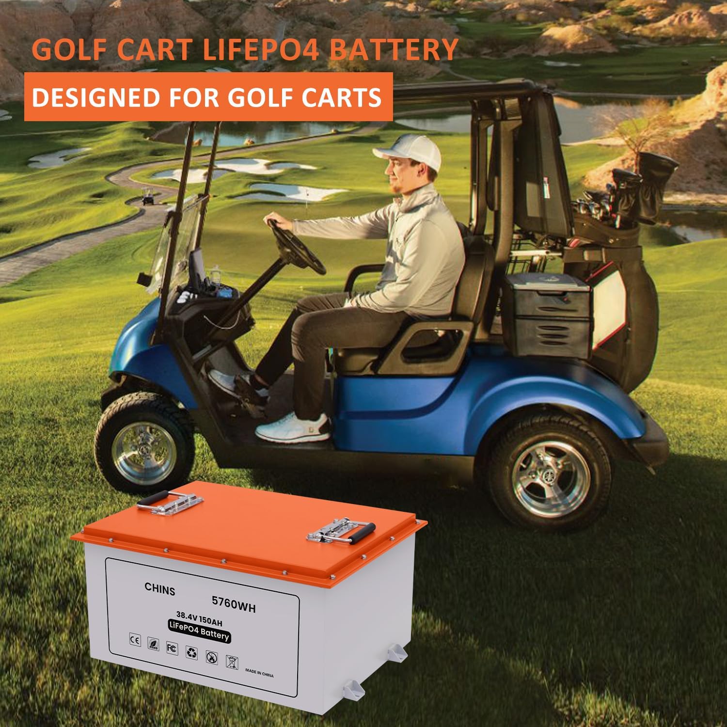 CHINS Smart 36V 150AH Bluetooth LiFePO4 Battery Lithium Battery Perfect for Golf Cart, Trolling Motor, Marine, Built-in 200A BMS, Includes 36V 25A Charger and Battery Monitor, Peak Current 1000A