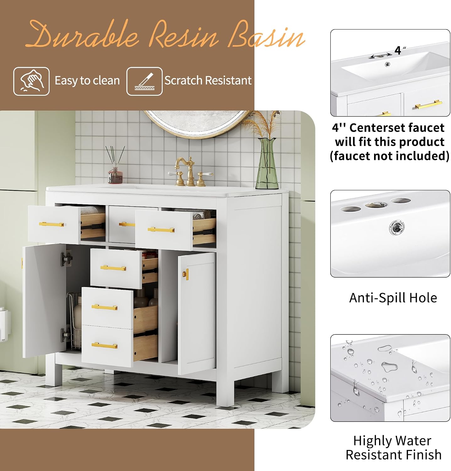 Virubi 36' Bathroom Vanities with Single Sink Set, Bathroom Storage Cabinet with 4 Drawers and 2 Soft Closing Doors, Solid Wood Frame Bathroom Sink Vanities (White)