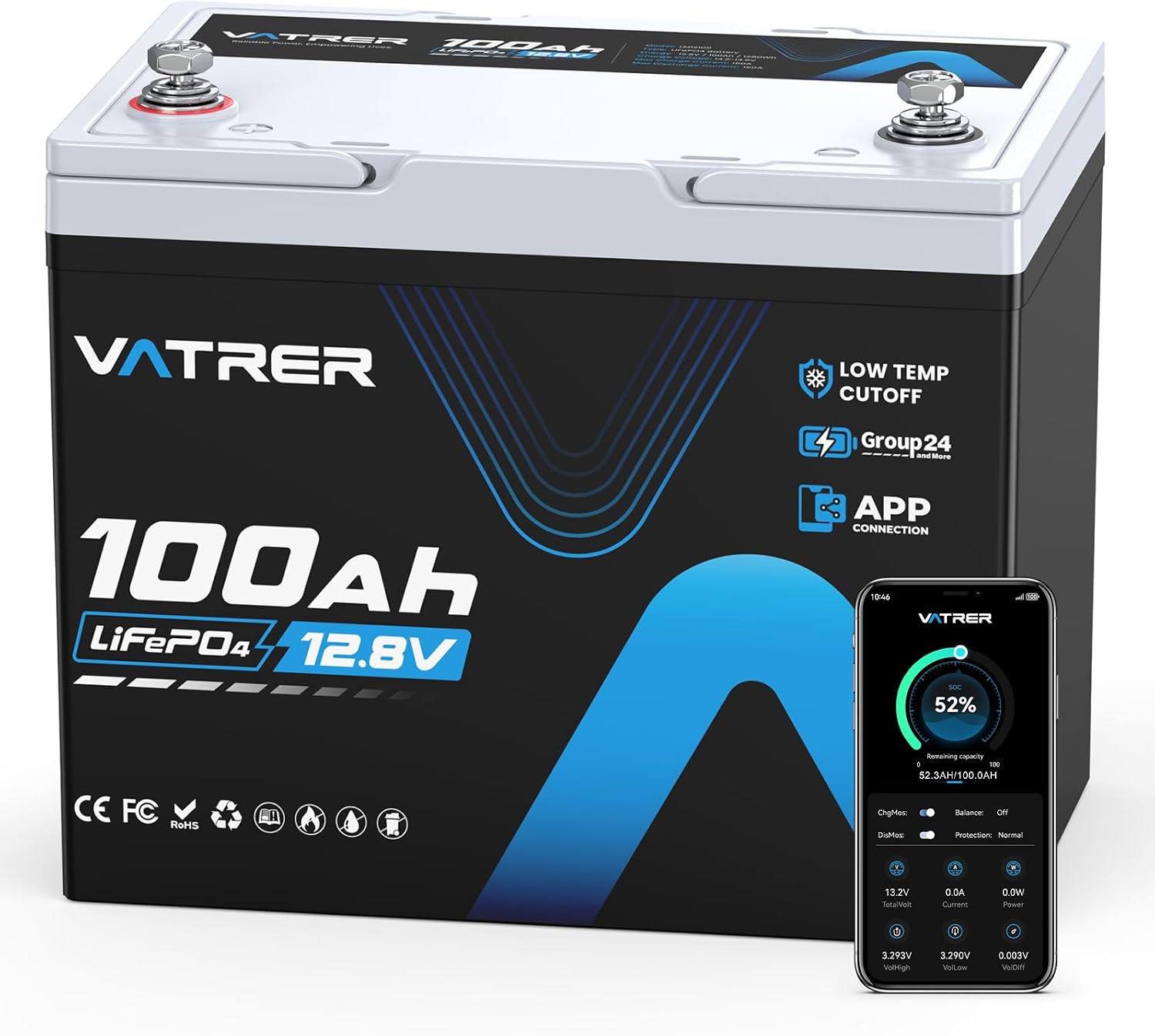 12V 100Ah Group 24 Lithium Deep Cycle Battery, 150A BMS Rechargeable LiFePO4 APP Monitoring Battery, Low/High Temperature Cutoff Protection, Perfect for RVs, Boats, Off-Grid, Home Energy Storage