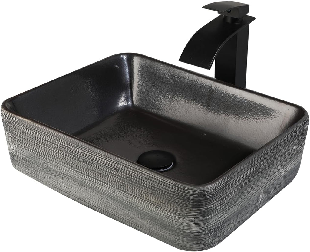 Black Vessel Sink Rectangle 18'x14' Bathroom Sink Above Counter Porcelain Ceramic Small Sink Bowl Ceramic Vessel Sinks with Waterfall Faucet and Pop-up Drain for Bathrooms