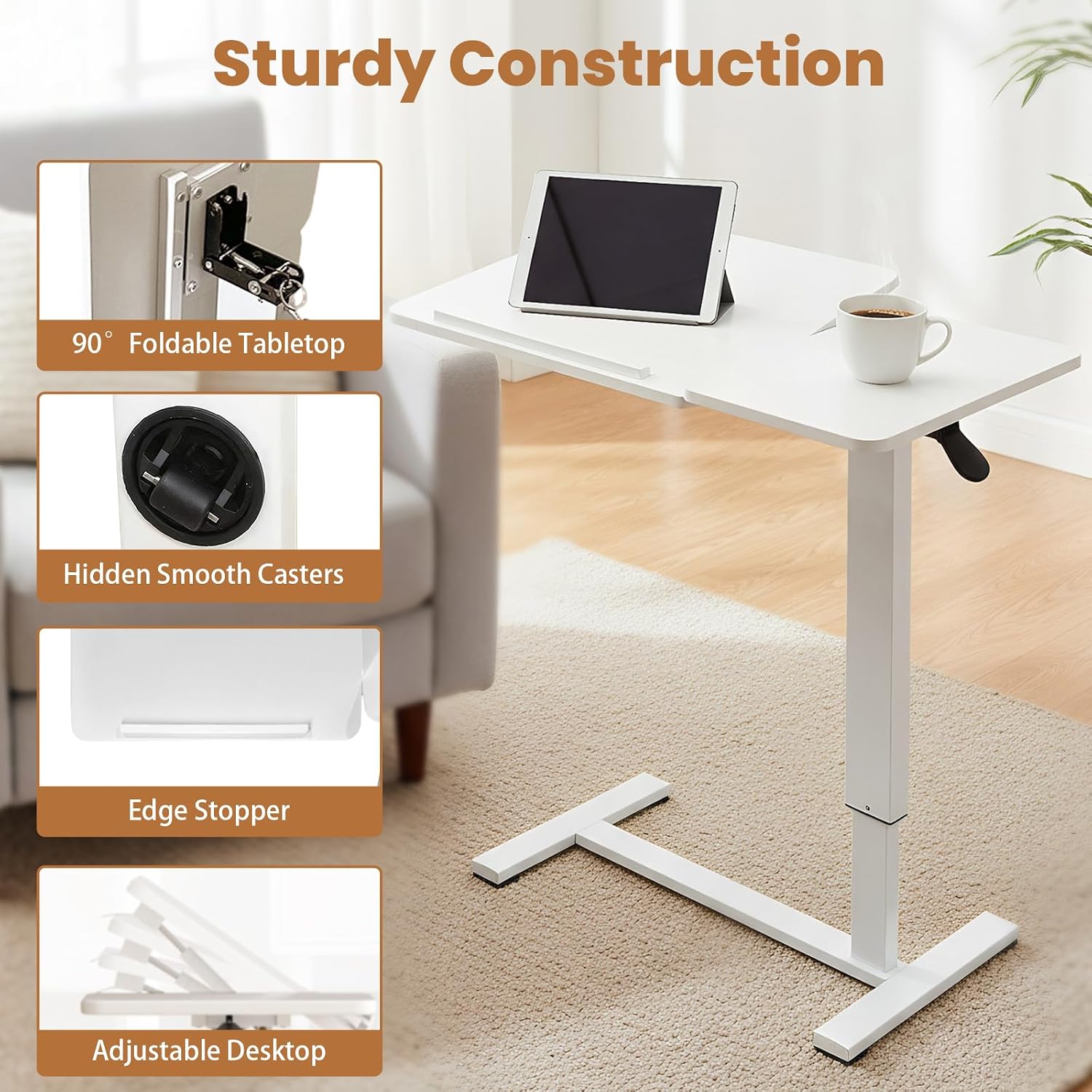 Portable Overbed Rolling Desk, Height Adjustable Mobile Standing Table, Foldable 31 Inch Small Laptop Bedside Desk with Tiltable Desktop, Hidden Wheels, Tray Table for Bed Sofa Side, White