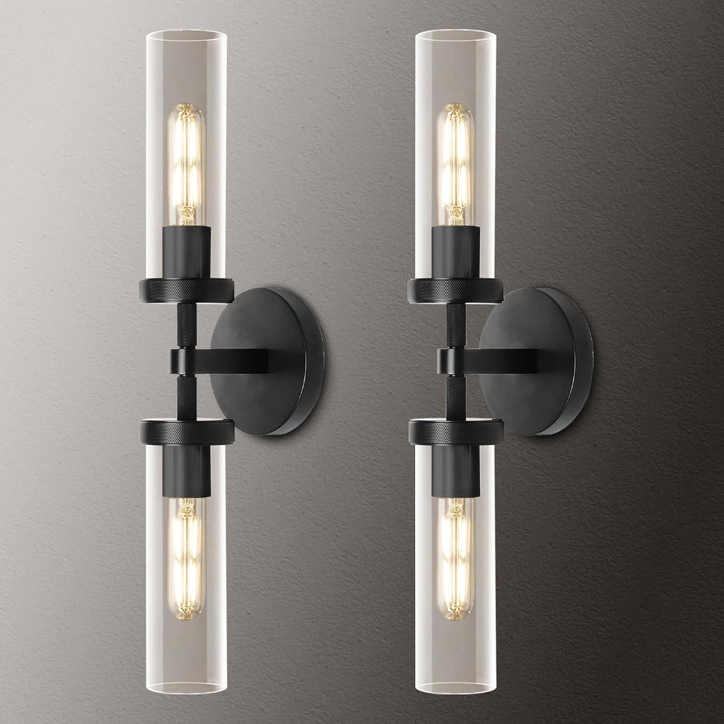 Black Bathroom Vanity Wall Sconces 2-Light Glass Tube Wall Sconce 21in Horizontal or Vertical Linear Wall Sconces Black Vanity Light Indoor Wall Sconce E26 Bulb Included