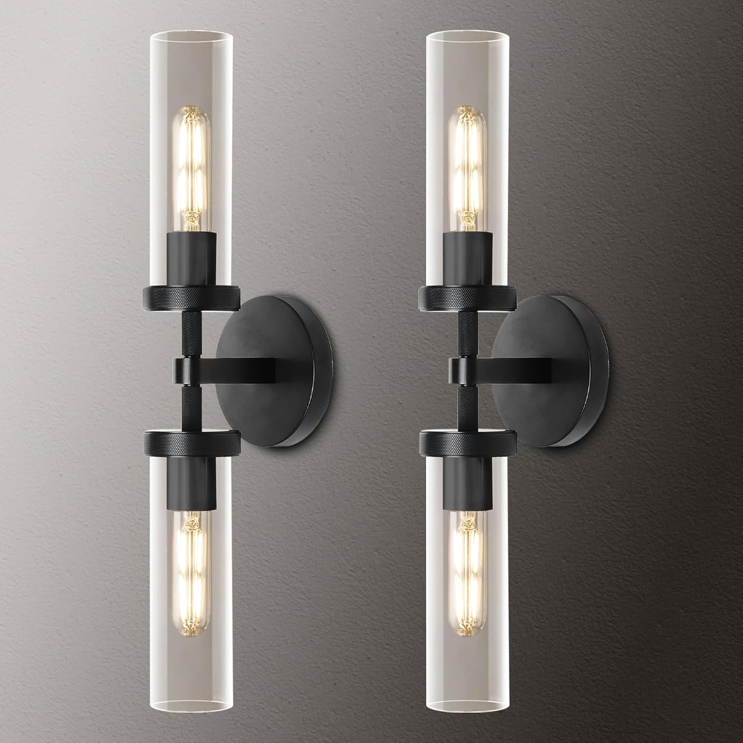Black Bathroom Vanity Wall Sconces 2-Light Glass Tube Wall Sconce 21in Horizontal or Vertical Linear Wall Sconces Black Vanity Light Indoor Wall Sconce E26 Bulb Included