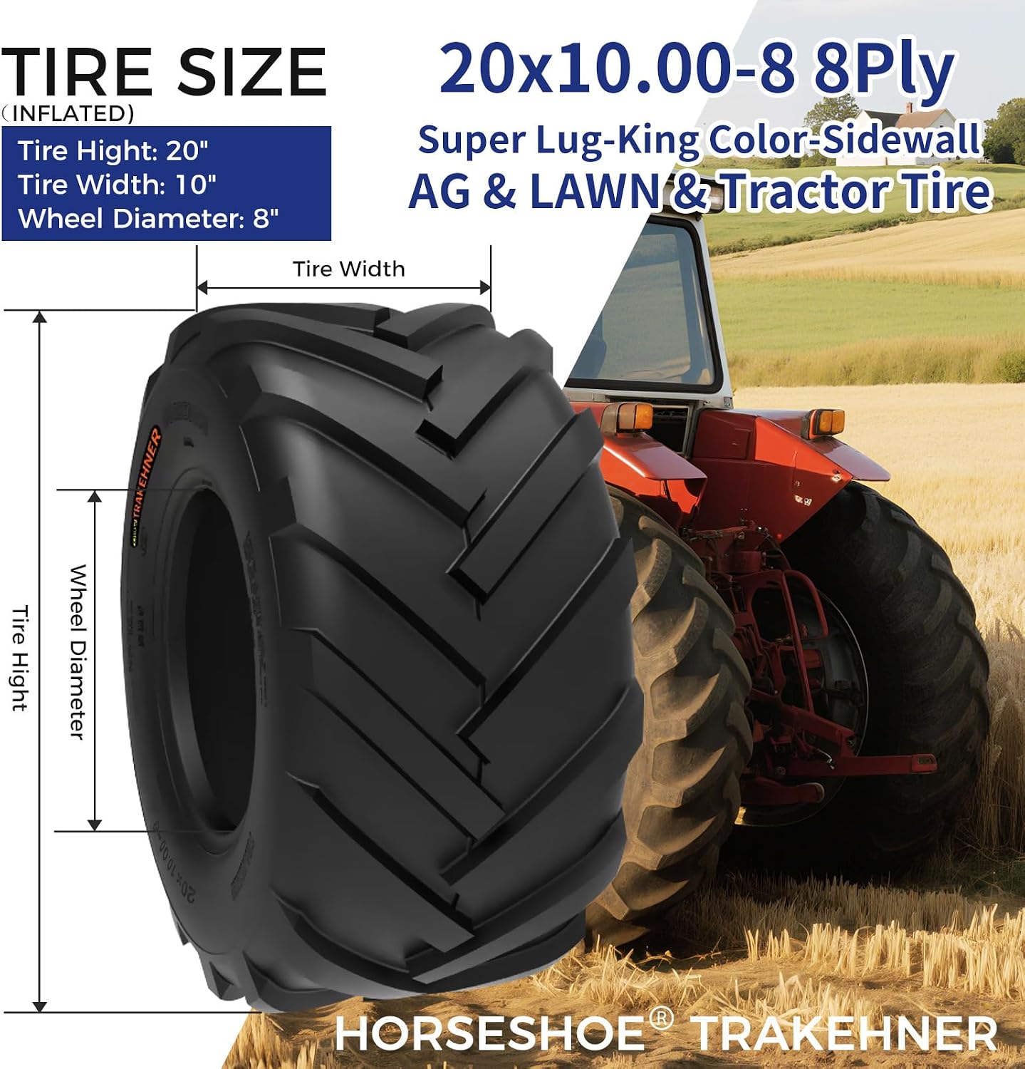HORSESHOE TRAKEHNER 2 New 20x10.00-8 / 20x10-8 8PR T148 Super Lug-King Ditch Witch Trencher AG Farm Lawn Tractor Tires 2010008 Color-Sidewall Heavy Duty (20x10.00-8 8Ply)