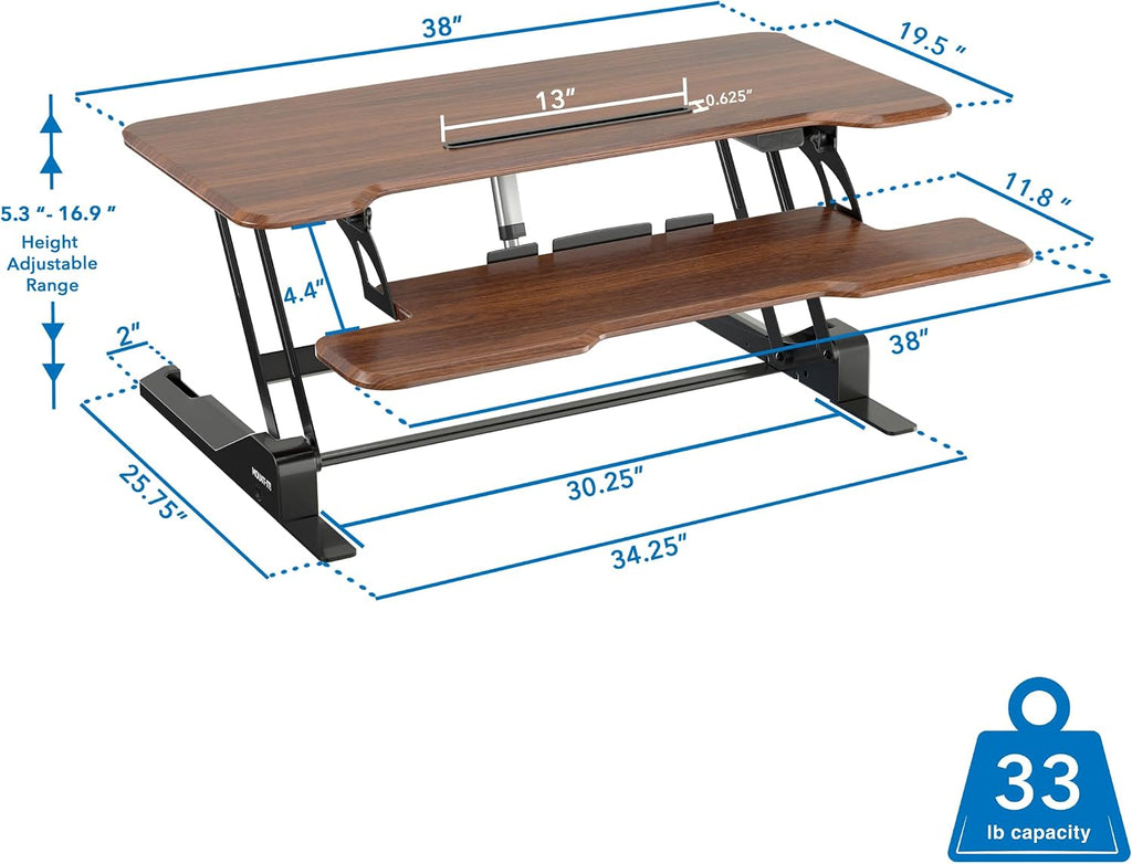 Mount-It! Electric Standing Desk Converter with 38' Tabletop, Height Adjustable Desk Riser, Motorized Desk Riser with Keyboard Tray and Device Slot, Fits Monitor & Laptop, Dark Walnut
