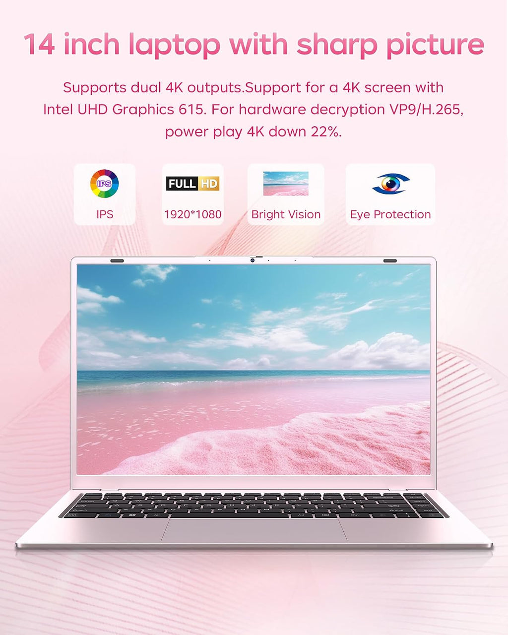 2026 Pink Laptop, Pentium Gold 6500Y Processor(Up to 3.4 GHz),16GB RAM 512GB SSD,14 Inch FHD IPS Display, 5000mAh Battery,Type-C