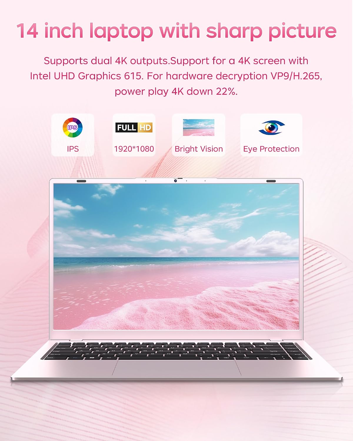 2026 Pink Laptop, Pentium Gold 6500Y Processor(Up to 3.4 GHz),16GB RAM 512GB SSD,14 Inch FHD IPS Display, 5000mAh Battery,Type-C