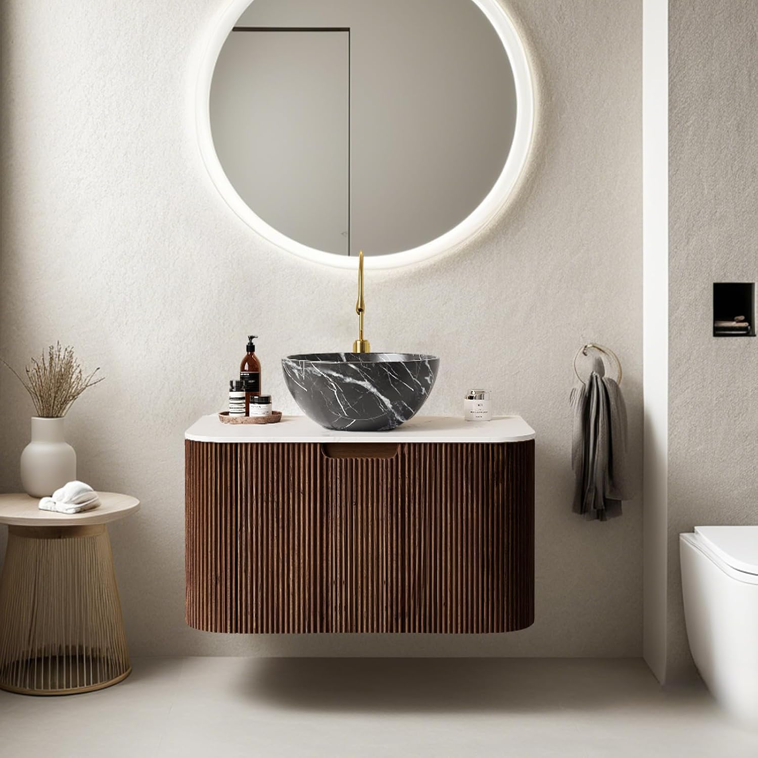 24' Floating Bathroom Vanity with Sink, Modern Wall-Mounted Bathroom Cabinet with Ultra-Thin Ceramic Black Basin and Marble Top, Extra Large Storage Drawer, Soft-Close Design, Dark Walnut