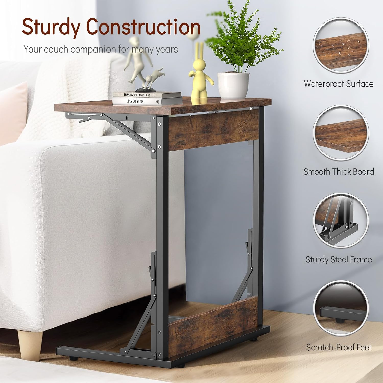 Tatub 24' Folding C Shaped End Table Set of 2, Small Sofa Side Laptop Desk, Couch TV Tray Table for Living Room, Bedroom, Rustic Brown