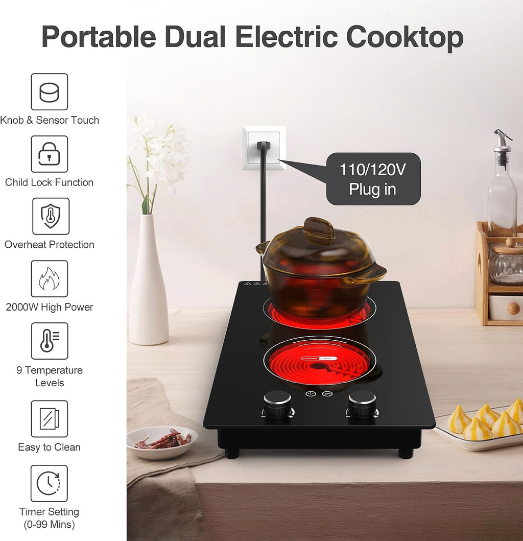VBGK Single and Double Electric Cooktop, 110V Electric Stove Top with 9 Power Levels, Kids Lock & Timer,LED Touch Control,Overheat Protection Electric Stove