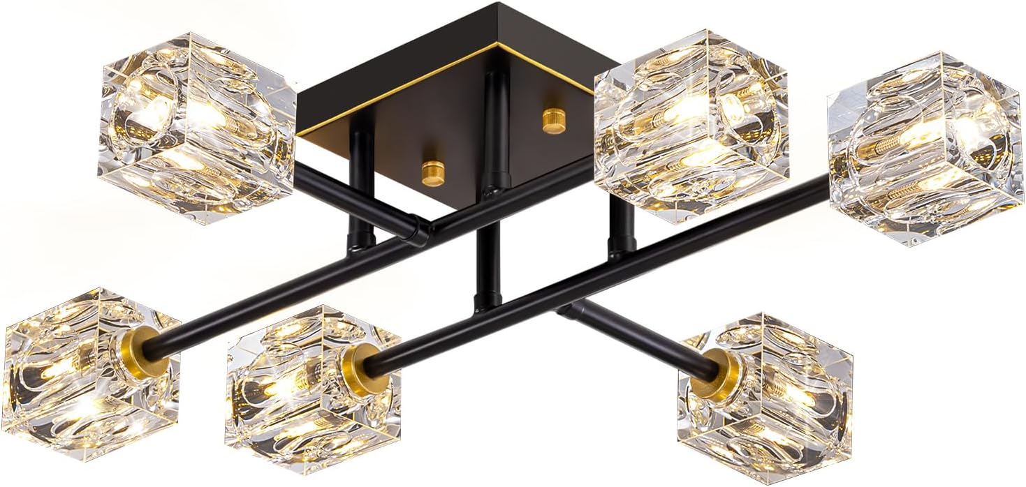 Semi Flush Mount Ceiling Light Fixture,6-Light Modern Crystal Chandeliers,Black and Gold Farmhouse Lighting Fixtures for Dining Room Living Room Kitchen Bedroom Entryway