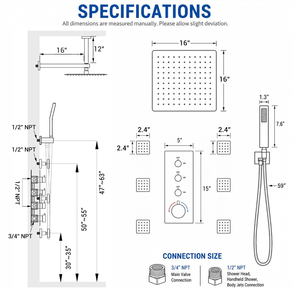 Brushed Gold Thermostatic Shower System with 6 Body Jets & 16-Inch Ceiling Rainfall Shower Head Luxury Full Body Shower Faucet with Handheld Sprayer, Shower Fixtures Set with Valve and Trim