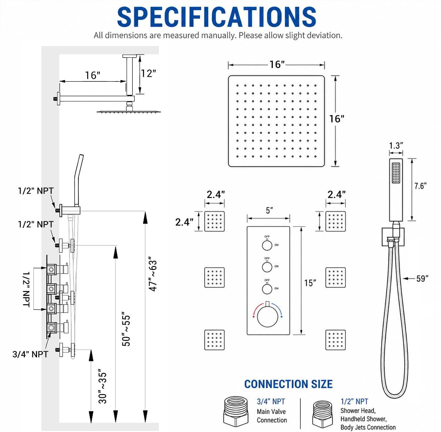 Brushed Gold Thermostatic Shower System with 6 Body Jets & 16-Inch Ceiling Rainfall Shower Head Luxury Full Body Shower Faucet with Handheld Sprayer, Shower Fixtures Set with Valve and Trim