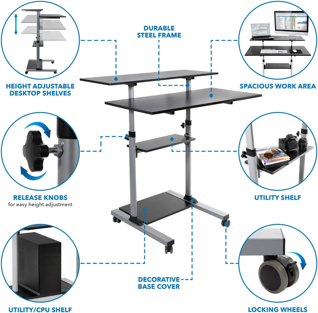 Mount-It! Mobile Standing Desk | Height Adjustable Rolling Desk with 40 Wide Table Tops | Multi-Purpose Rolling Presentation Cart with Four Platforms | (MI-7970)