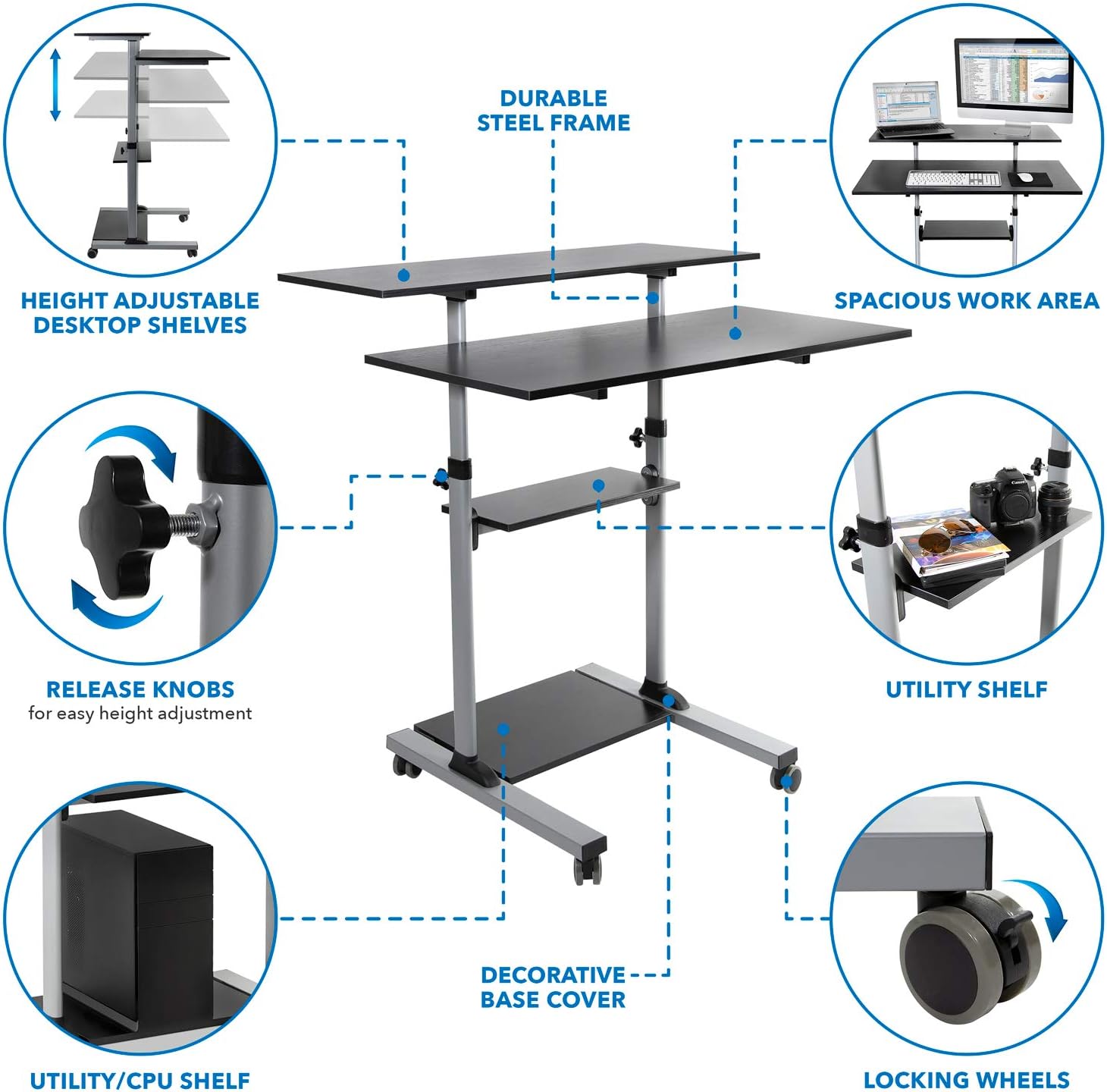 Mount-It! Mobile Standing Desk | Height Adjustable Rolling Desk with 40 Wide Table Tops | Multi-Purpose Rolling Presentation Cart with Four Platforms | (MI-7970)