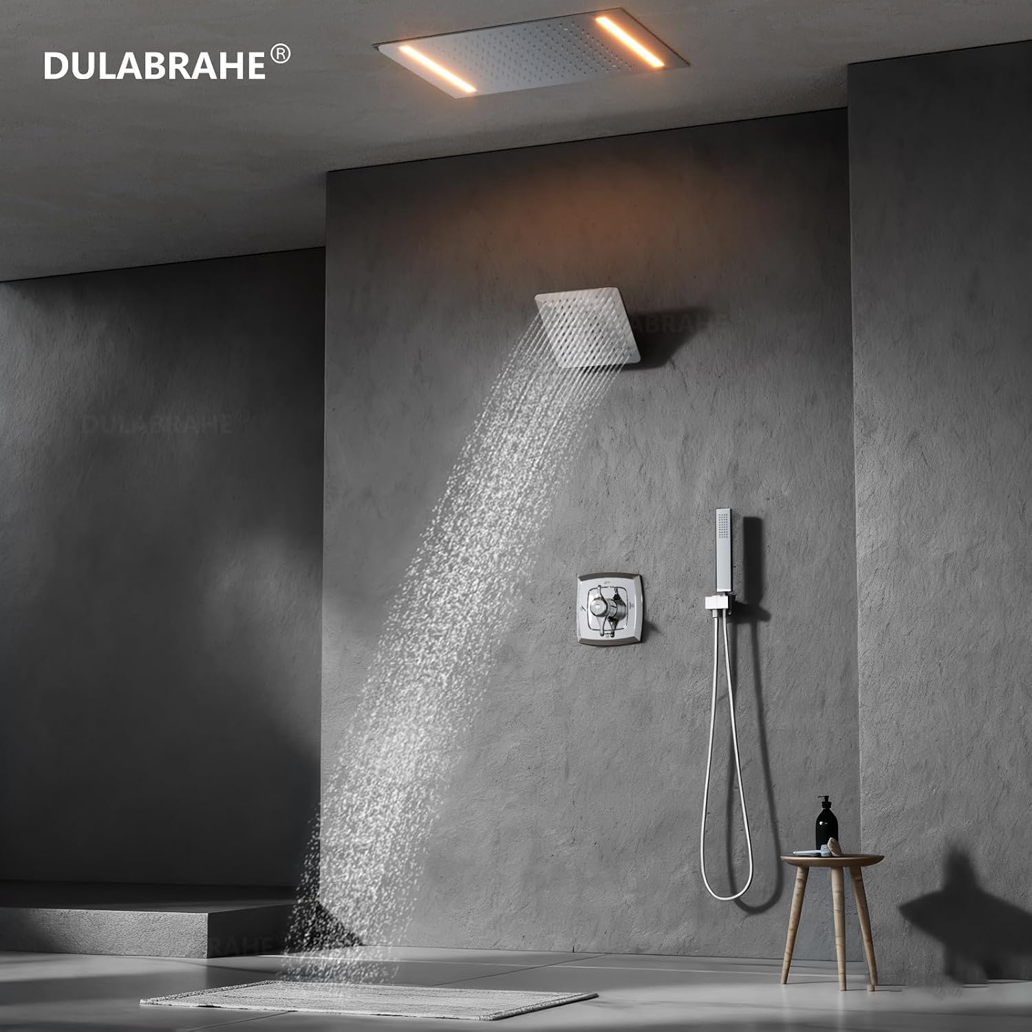 14 X 20 Inch Ceiling LED Rain Shower Head, Dual Rainfall Smart Shower System Set With 8 Inch Wall Head For Two People (Chrome Polished)
