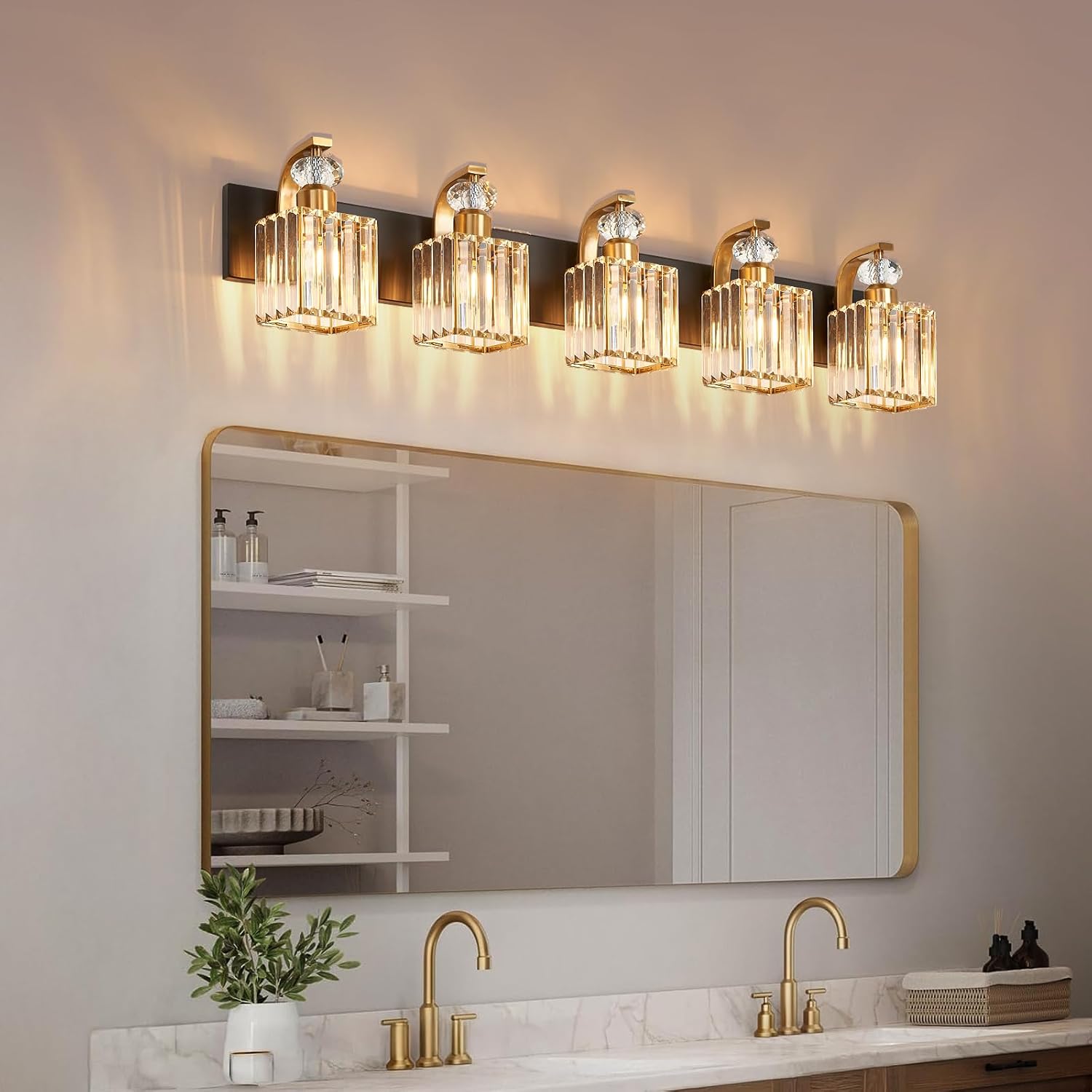 Modern Bathroom Vanity Light, 5-Light Black Gold Bathroom Lighting Fixtures Over Mirror, 36.3' Crystal Wall Light Sconce for Bathroom/Bedroom/Vanity, Includes LED Bulbs, Easy Installation