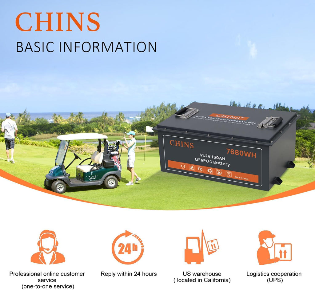 CHINS 48V 150Ah Lithium Golf Cart Battery, Built-in Smart 200A BMS, Includes 48V 18A Charger, 48V Lithium Battery, Max 10.24kW Output 70 Miles Range, Perfect for Golf Cart